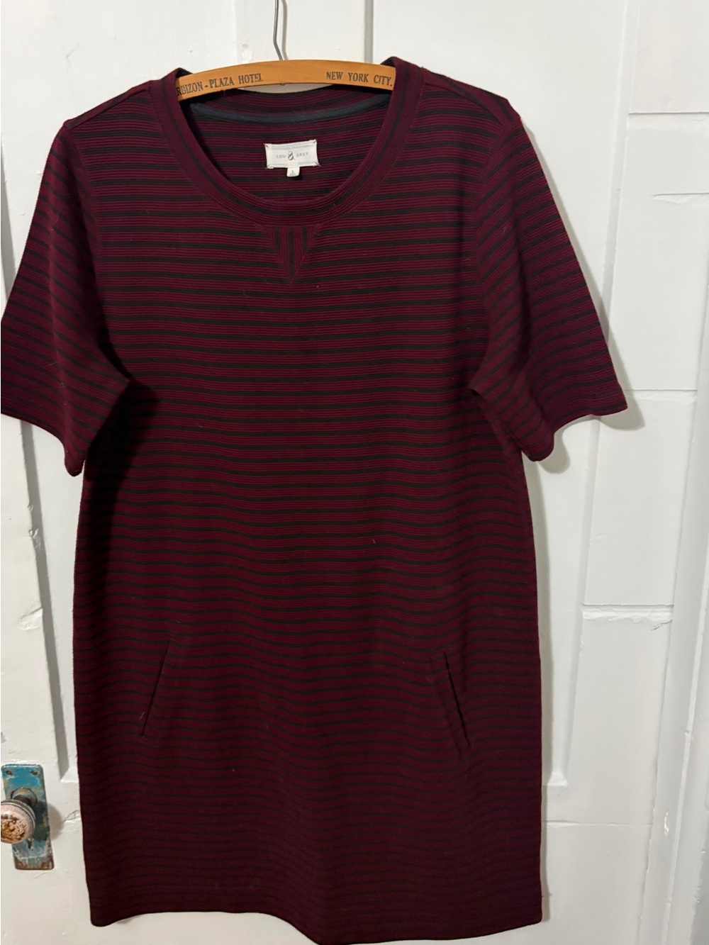 Lou & Grey Burgundy and Black Striped Short-Sleeve Shift Dress